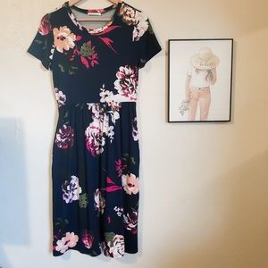 Reborn J Navy Floral Midi Dress with POCKETS NEW!